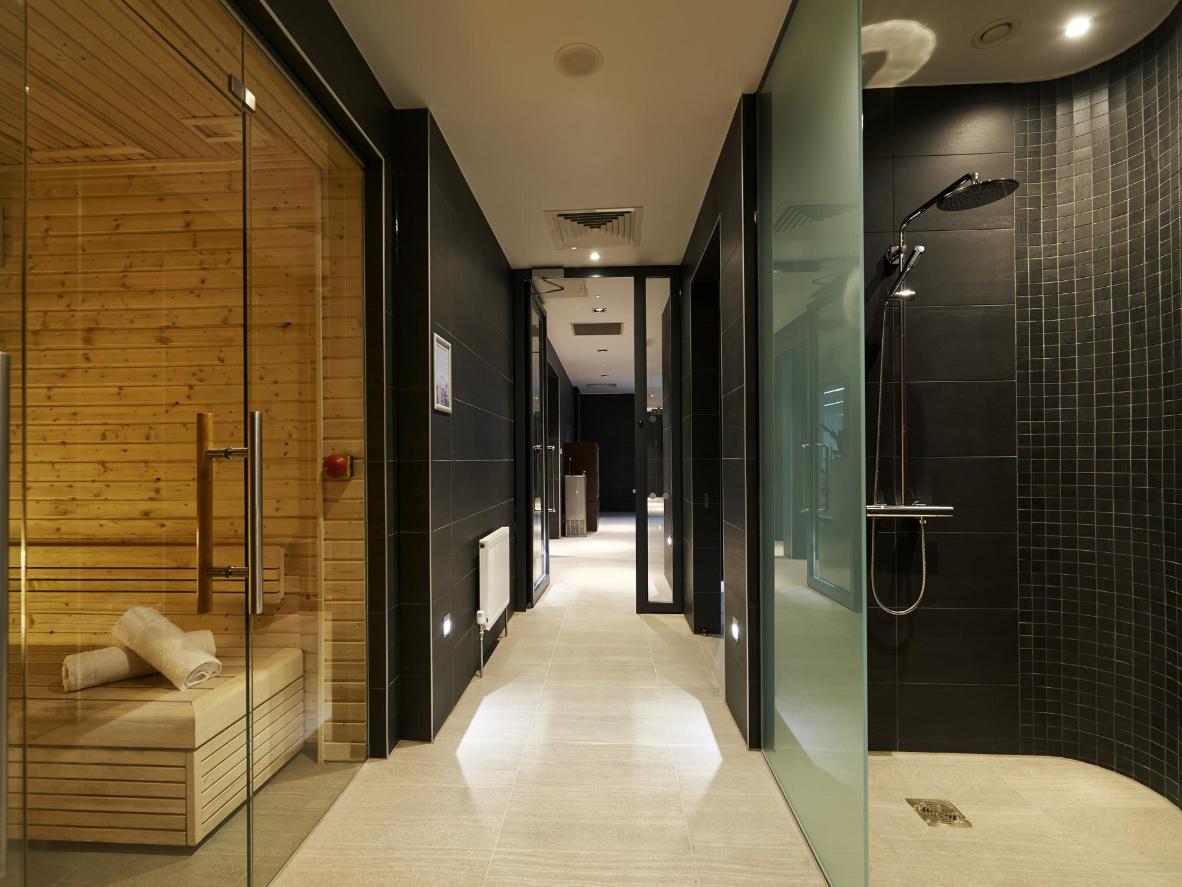 The hotel’s modern theme extends to the slickly designed spa and sauna