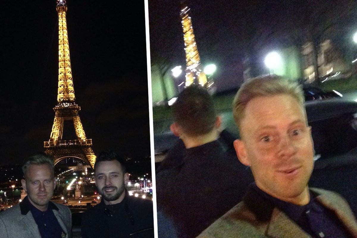 Lee Walpole and Shane Ross in Paris on Valentine's Day with Eiffel Tower at night